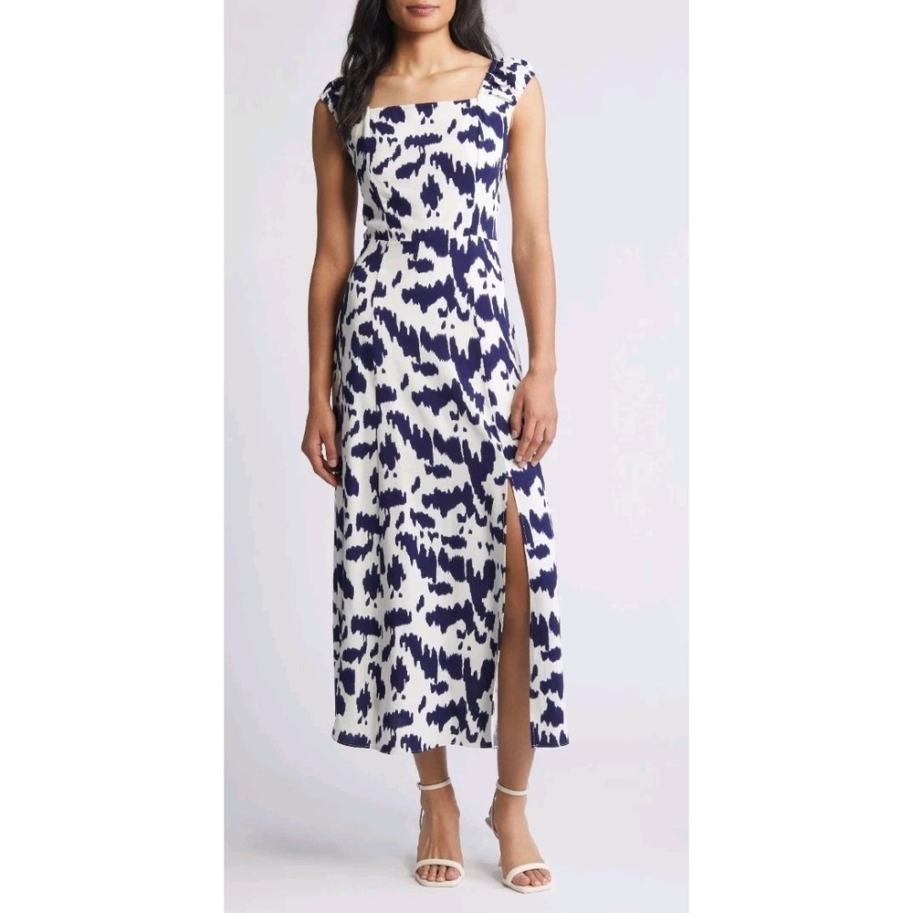 NWT Sam Edelman Ikat Lace Up Back Midi Dress 4 *Ivory/Navy* MSRP $138